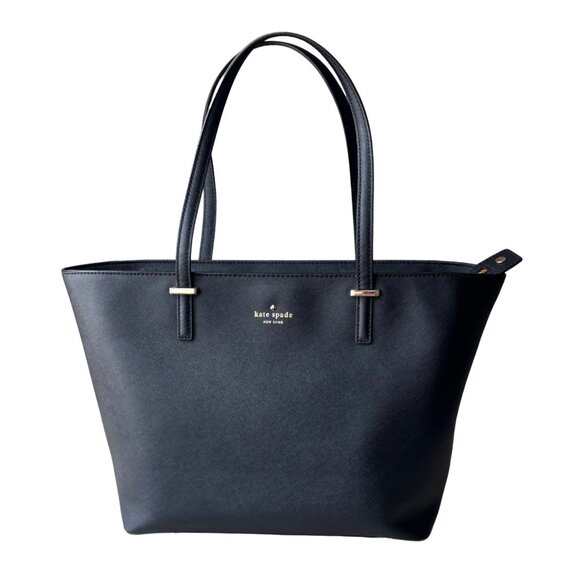 Kate Spade Black Leather Tote Bag | Large Zipper Top Purse with Gold Hardware - Picture 1 of 9
